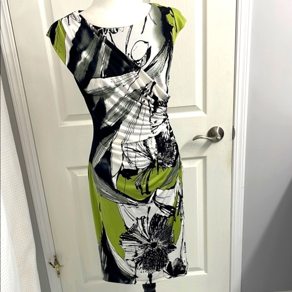 Connected Apparel White, Green & Black Print Draped Front Fitted Midi Dress - Picture 1 of 10